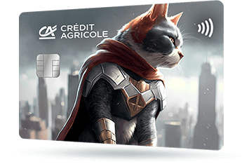 CA340 – Karta Credit Agricole z wizerunkiem kota w zbroi superbohatera, na tle dużego miasta