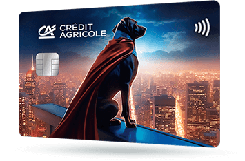 CA342 – Karta Credit Agricole z wizerunkiem dużego psa w pelerynie superbohatera, który patrzy na miasto z góry