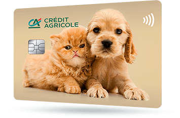 CA269 – Karta Credit Agricole z grafiką małego kota i psa na beżowym tle